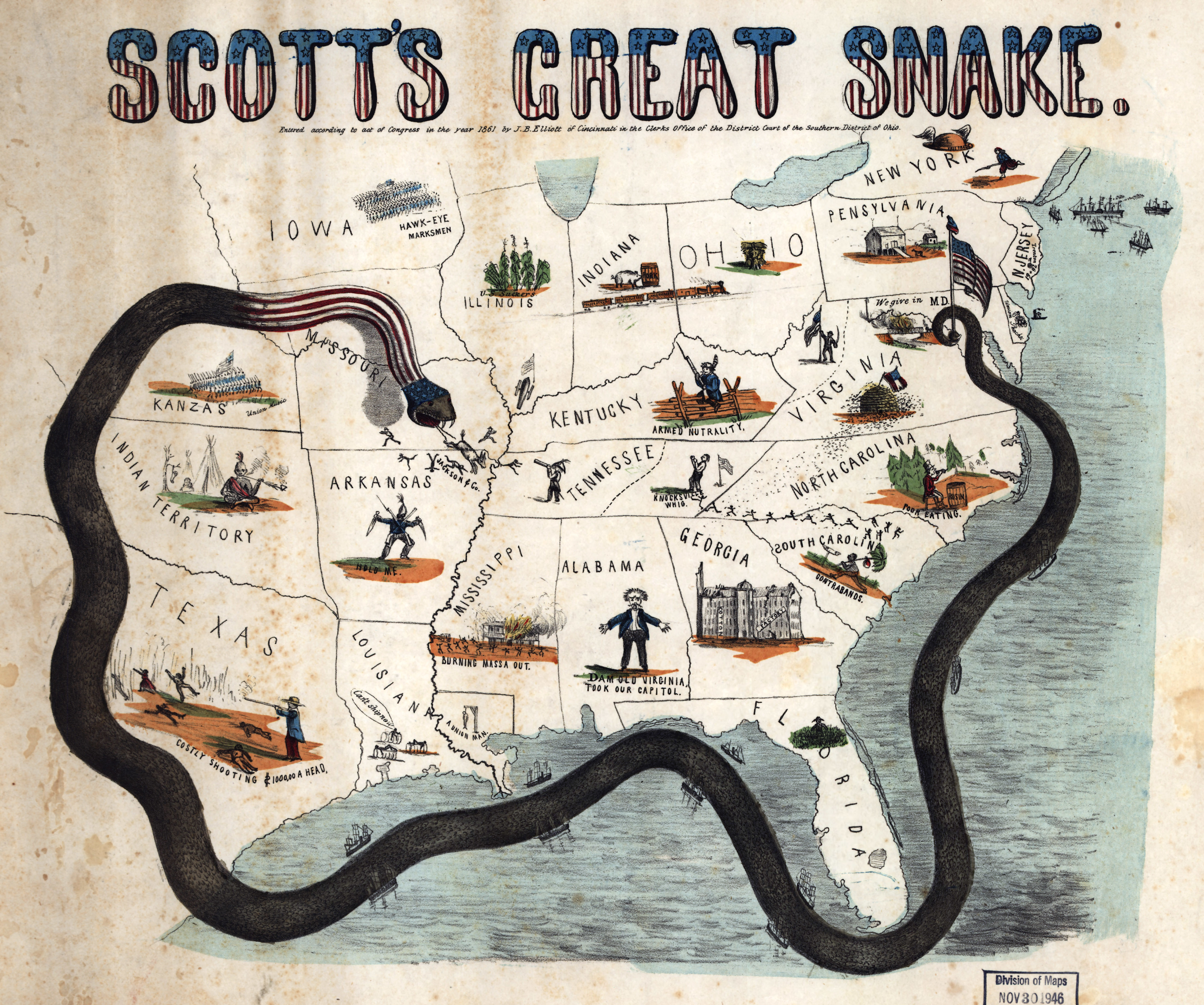 Cartoon map of Union General Winfield Scott’s proposed Anaconda Plan to cut off Confederacy from external markets and sources of materieland blockade Southern coasts and secure control of Mississippi River, December 1861 (Library of Congress/J.B. Elliott